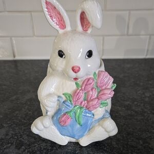 Ceramic Bunny Planter with Pink Tulips